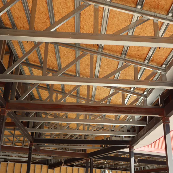 Estructura de vigas metálicas y tablero OSB del techo · Nivel 1