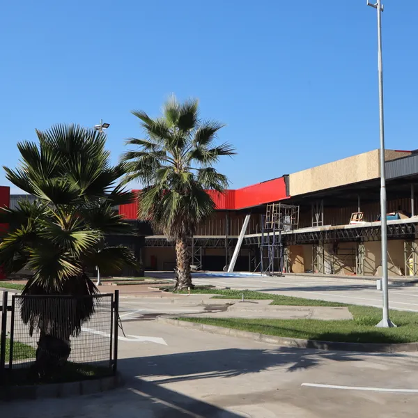 Panorámica completa del proyecto con palmeras y techo rojo